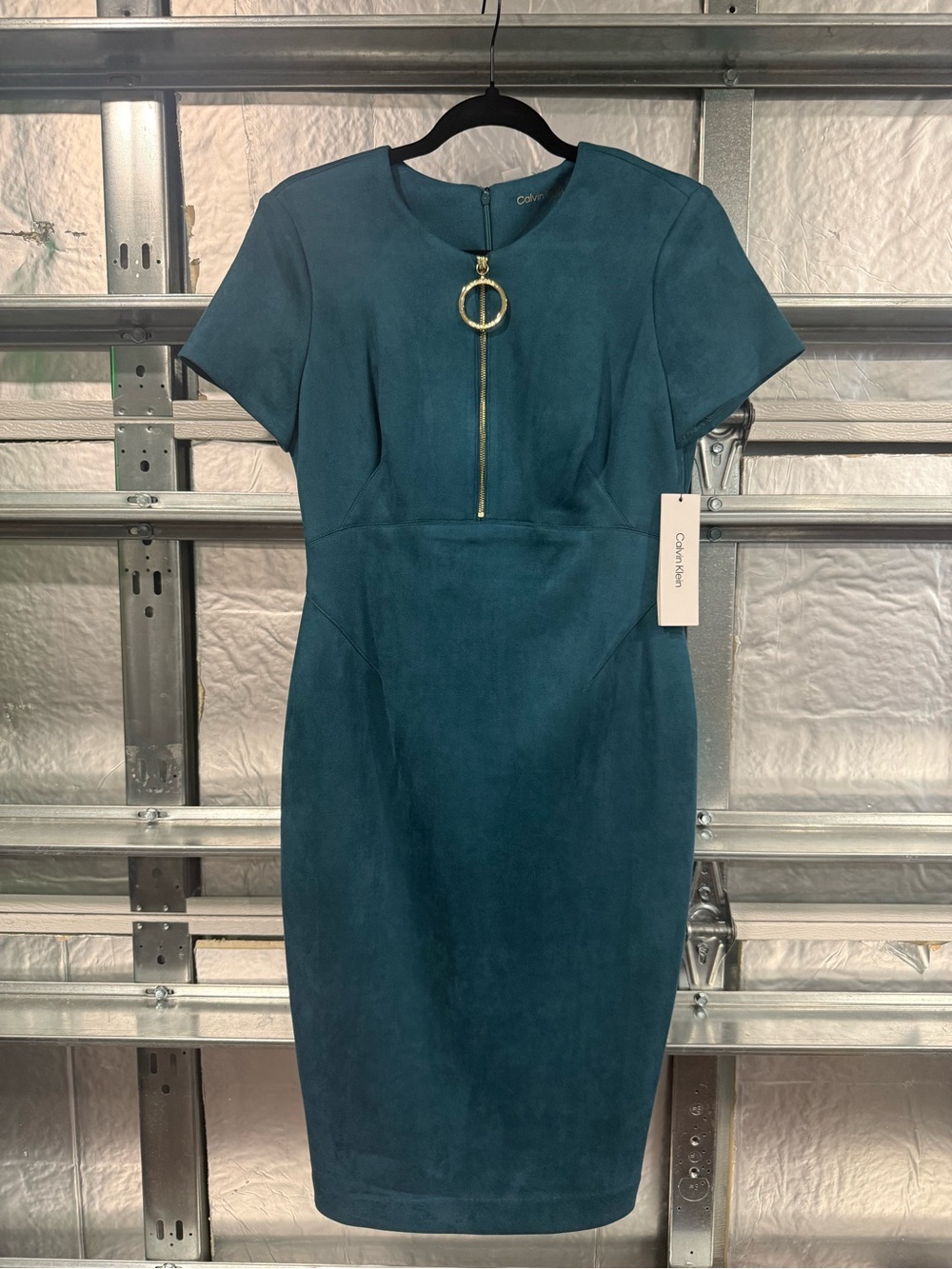 Calvin Klein Faux Suede Teal Midi Sheath Dress with Gold Ring Zip Pull
